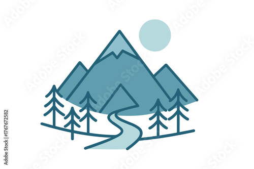 Minimalist outdoor landscape with mountains, evergreen trees, and winding stream
