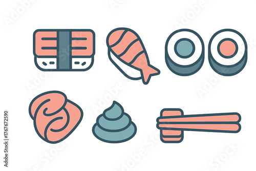 Collection of traditional Japanese cuisine elements including sushi rolls nigiri ginger and eating utensils