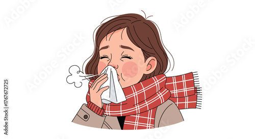 Cartoon Woman Sneezing into Tissue Wearing Red Plaid Scarf