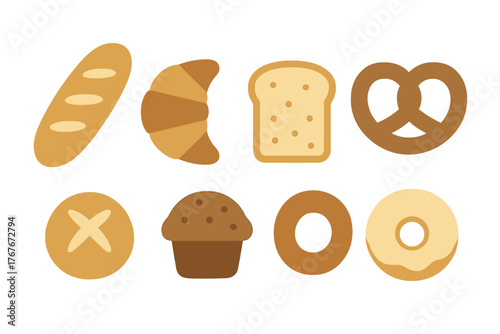 Set of popular baked goods including baguette, croissant, pretzel, and donuts on white background
