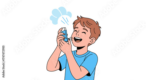 Cheerful Boy Using Inhaler with Exhaled Vapor Cloud Illustration