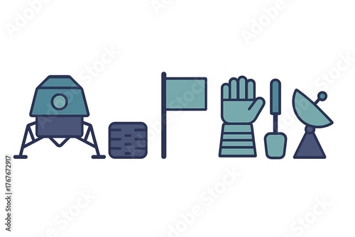 Set of space mission icons featuring lunar lander, flag, astronaut glove, and satellite antenna