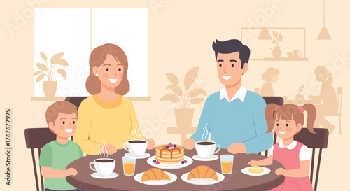 Cheerful Family Enjoying Breakfast Together at a Cozy WellLit Table