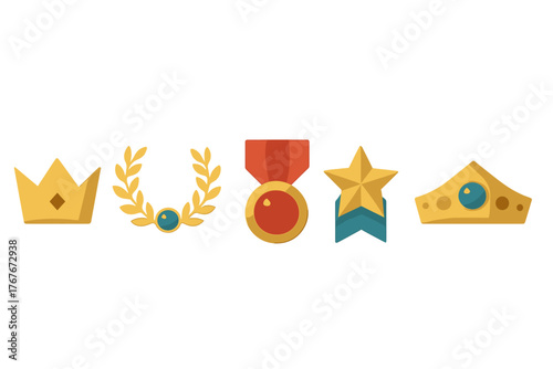 Golden achievement symbols featuring royal crowns, laurel wreaths, and award medals
