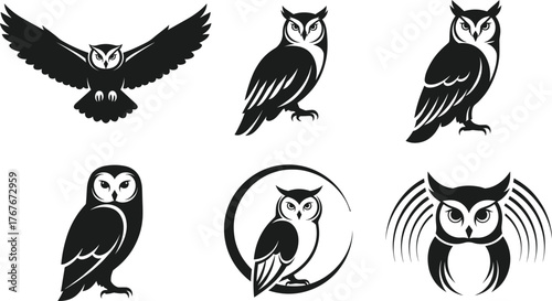 Owl silhouette vector illustration, black and white, flying and perched poses, stylized bird icons, wildlife theme, nature design, avian graphic art