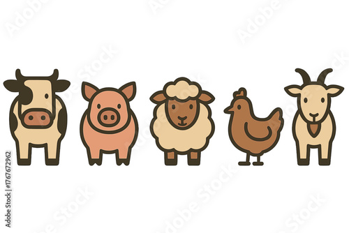 Set of five cute domestic farm animals: cow, pig, sheep, chicken, and goat