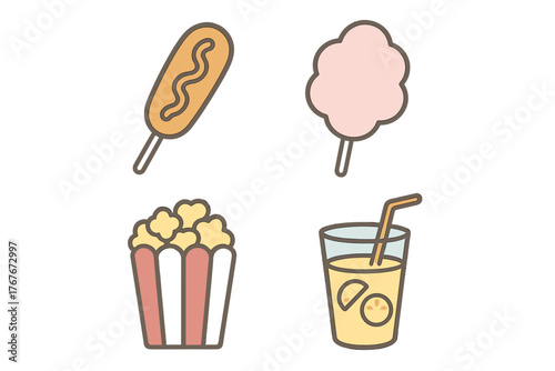 Set of classic fair and cinema snacks including corn dog, cotton candy, popcorn, and lemonade drink