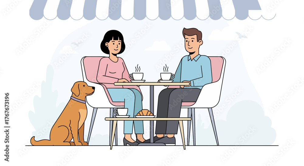 Fototapeta premium Couple enjoying coffee with their dog at a charming outdoor cafe