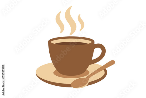 Steaming hot coffee cup on saucer with spoon in warm brown and beige tones