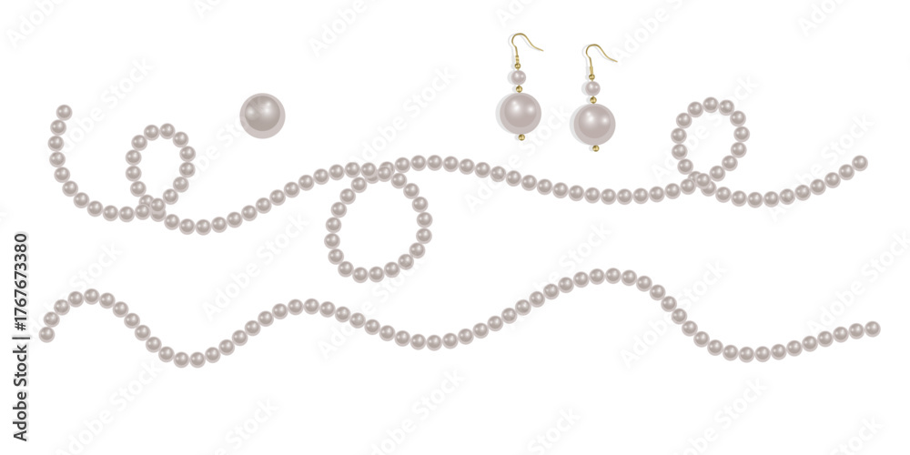 Αυτοκόλλητο Pearl necklace isolated on white background, Beautiful vector image of strands o