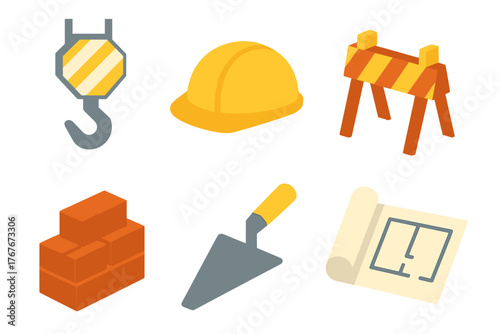 Isometric icons of construction equipment and building materials for architecture projects