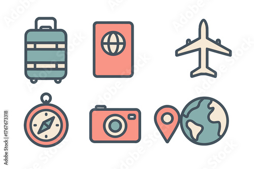 Travel and tourism icons set including luggage, passport, airplane, compass, camera, and globe