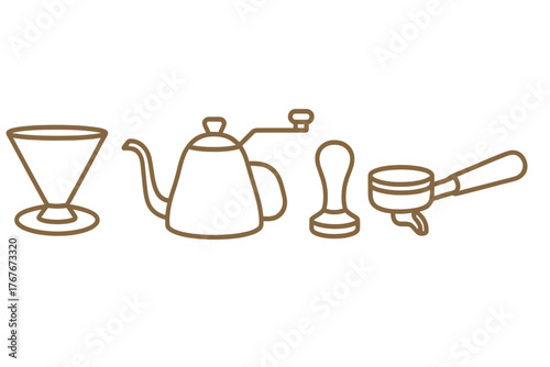 Essential coffee making equipment set featuring a pour-over dripper kettle tamper and portafilter