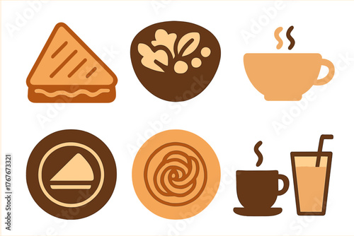 Set of stylized flat icons representing breakfast food, hot beverages, and snacks