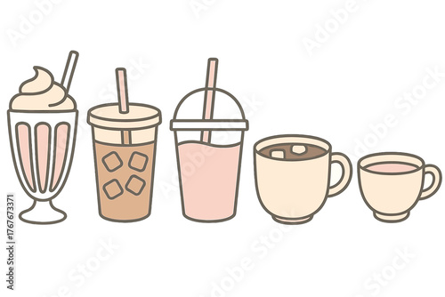 Cute pastel collection of various cold and hot beverages including milkshake, iced coffee, and mugs
