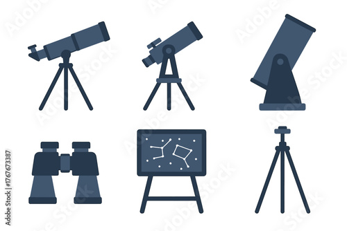 Set of astronomical observation equipment including telescopes, binoculars, and constellation chart