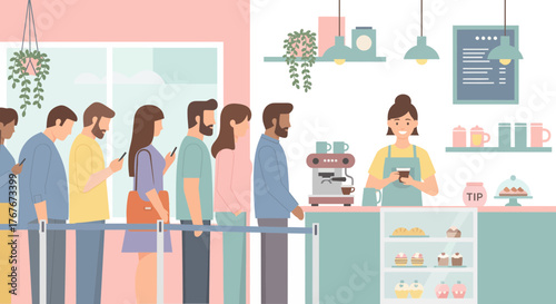 Customers Waiting in Line at a Coffee Shop Ordering and Using Smartphones