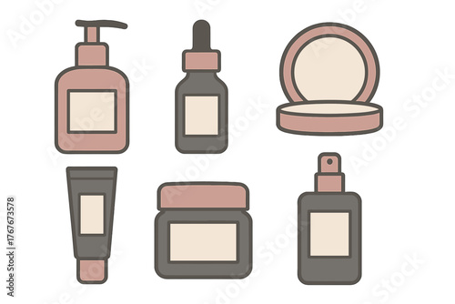 Set of six various cosmetic and skincare product containers for beauty routine