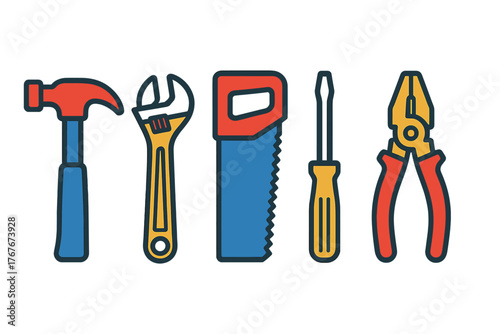 Set of essential construction and repair hand tools: hammer, wrench, handsaw, screwdriver, and pliers