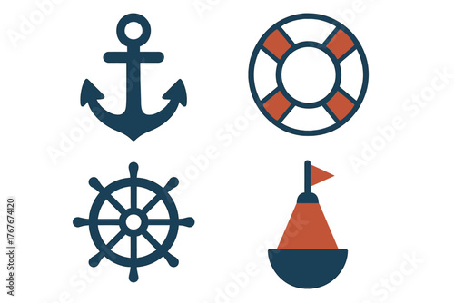 Nautical maritime symbols set featuring anchor, life preserver, ship wheel, and sea buoy