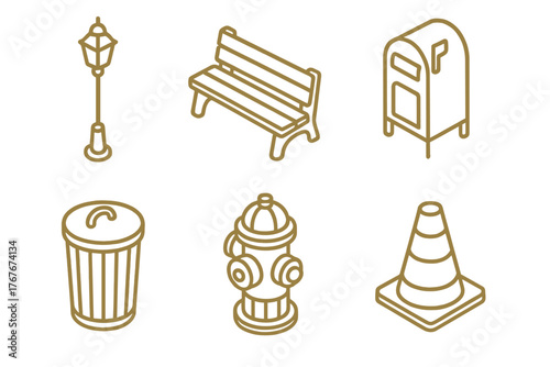 Isometric outline icons of urban street furniture including lamppost, park bench, mailbox, and fire hydrant