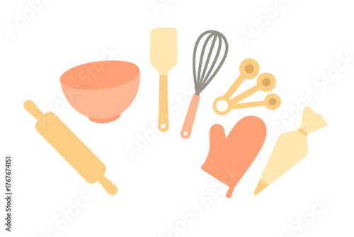 Kitchen equipment set for baking and pastry preparation including whisk, bowl, and rolling pin