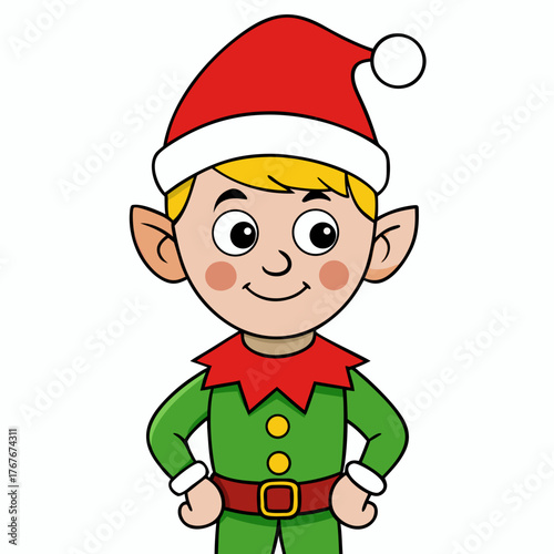 Christmas illustration of a christmas elf with red hat, green suit, and blonde hair standing cheerfully upright