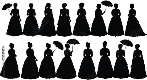 Victorian woman silhouette vector illustration, black and white, elegant gown poses, parasol details, historical fashion theme, vintage icon set, classic graphic art
