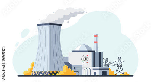 Modern nuclear power plant generating clean energy, showcasing sustainable energy solutions for a greener future with cartoon style design