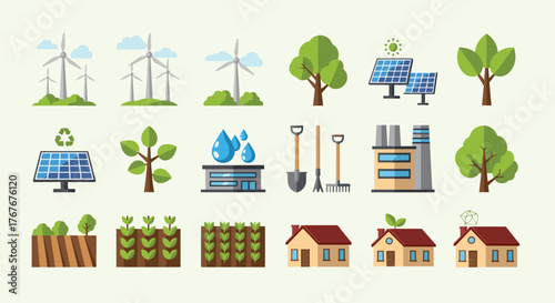 Sustainable living with wind turbines, solar panels, and eco-friendly houses for a brighter future and a green environment with nature