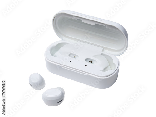 Wireless earbuds in a charging case.