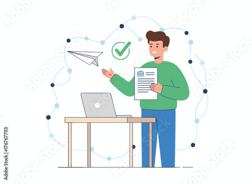 Illustration of an employee sending a CV, a man applying for a job, a flat composition featuring a laptop, doodle icons of sending mail, and a human resources vector graphic