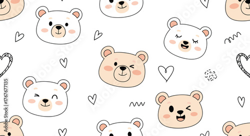 Cute seamless pattern with cartoon bear faces, happy expressions, and hand-drawn hearts on a white background, perfect for children's design.