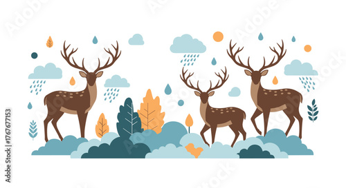 A peaceful forest scene with three elegant deer, surrounded by colorful foliage, rain, and fluffy clouds.