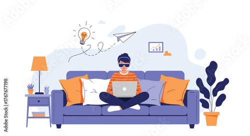 Relaxed individual in VR glasses working on a laptop on a sofa at home, symbolizing innovation, remote work, and creative ideas.