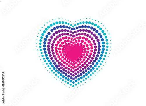 A vector illustration featuring a pink heart halftone dot background, a love insignia, a health heart emblem, and a Valentine frame