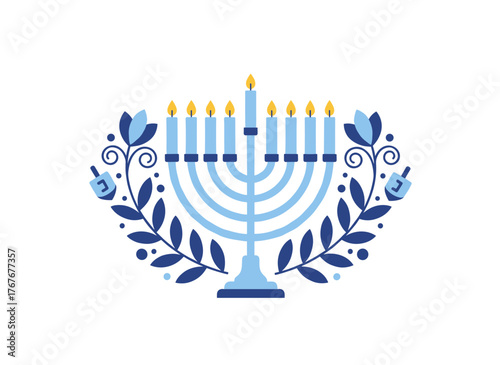 Wishing you a joyful Hanukkah, celebrating with a menorah, dreidels, and flowers, set against a blue and white design with a floral background