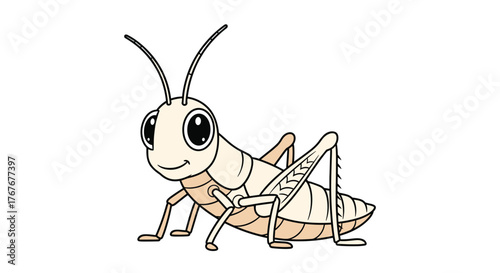 A sweet, simple cartoon grasshopper with a tan body, large black eyes, and a pleasant smile is isolated on a white background.