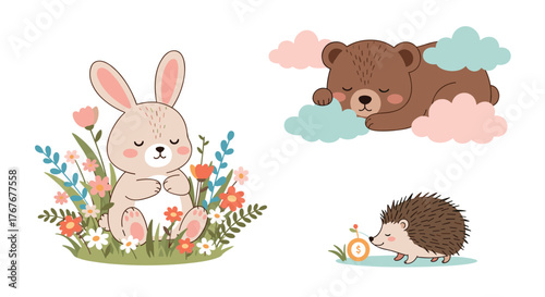 An adorable collection of cartoon woodland creatures, including a rabbit among flowers, a sleeping bear on clouds, and a hedgehog.