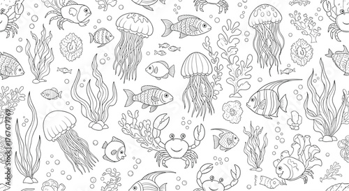 Whimsical sea life line art pattern for coloring books, featuring various marine animals and plants.