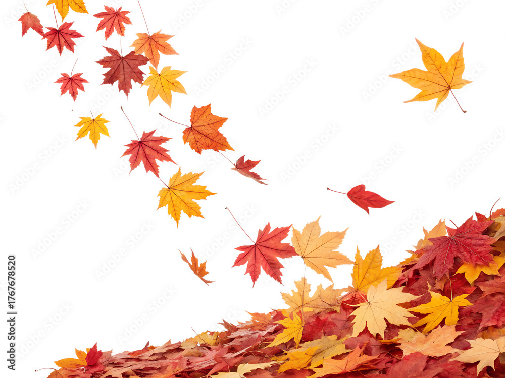 Fototapeta premium Vibrant autumn maple leaves fall gently, swirling downwards to form a beautiful pile, perfectly isolated on a transparent background.
