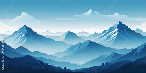 Aerial top view above green pass to rocky deep gorge with sharp sheer crags silhouettes against huge snowy mountain under clouds in blue sky. Dramatic layered scenery with giant snow castle far away.
