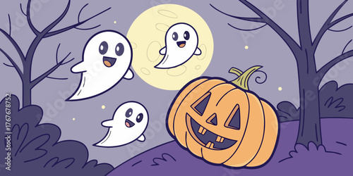 Halloween seamless background with pumpkins bats and spooky night sky