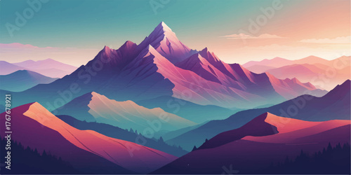 Mountain deep gorge between layered under huge snow-purple mountain peak in blue gradient sky. Sheer crags of mount valley under giant ice top best colorful mountain