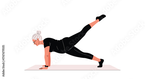 An active senior woman in workout attire performs a challenging one-legged plank exercise on a yoga mat, demonstrating strength and balance.