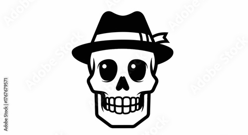 Stylized skull with fedora hat, black and white graphic illustration for halloween concept