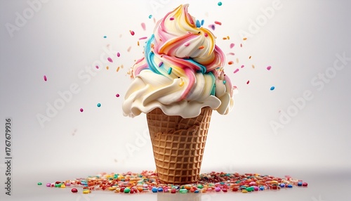 soft serve ice cream with sprinkles on a cone isolated on white background generative ai