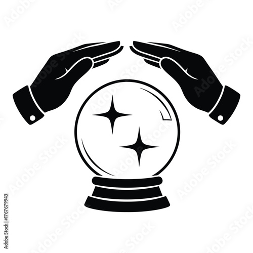 Mystical crystal ball protected by hands fortune telling and future prediction icon