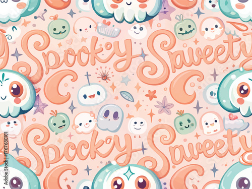 Cute Halloween pattern with Spooky Sweety font and friendly handwritten style.
