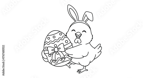 A happy baby chick wearing bunny ears joyfully holds a beautifully decorated Easter egg, presented as a black and white outline drawing for coloring fun.